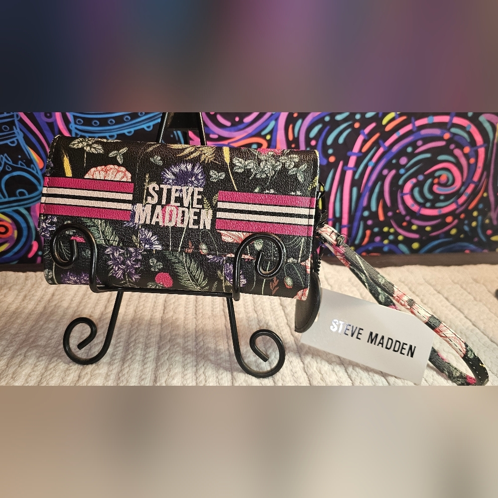 Steve Madden Black and Pink Floral Wristlet Clutch